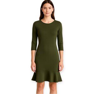 Chic Olive Green Bodycon Midi Dress with Flounce Hem and 3/4 Sleeves